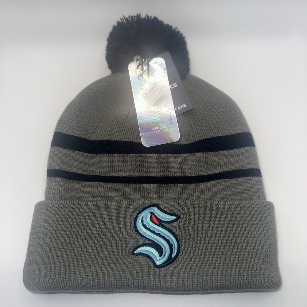 Fanatics Seattle Kraken Gray/Blue Beanie w/ Cuff Blue Pom NHL